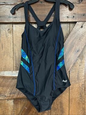 Roots Black One-Piece Swimsuit with Blue and Teal Side Panels